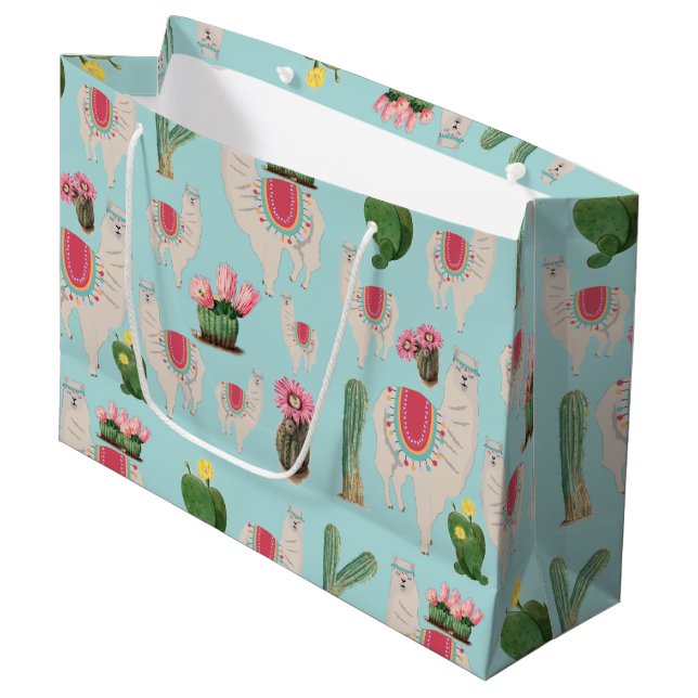 Niedliches Fiesta Llama & Cactus Pattern Große Geschenktüte (Vorderseite Schrägansicht)