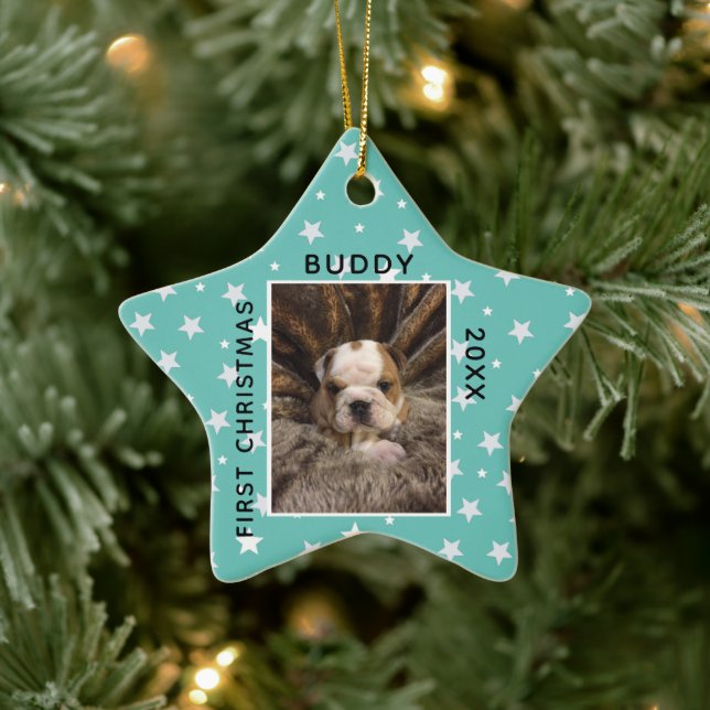 Niedliches First Christmas Puppy Foto Keramik Ornament (Baum)