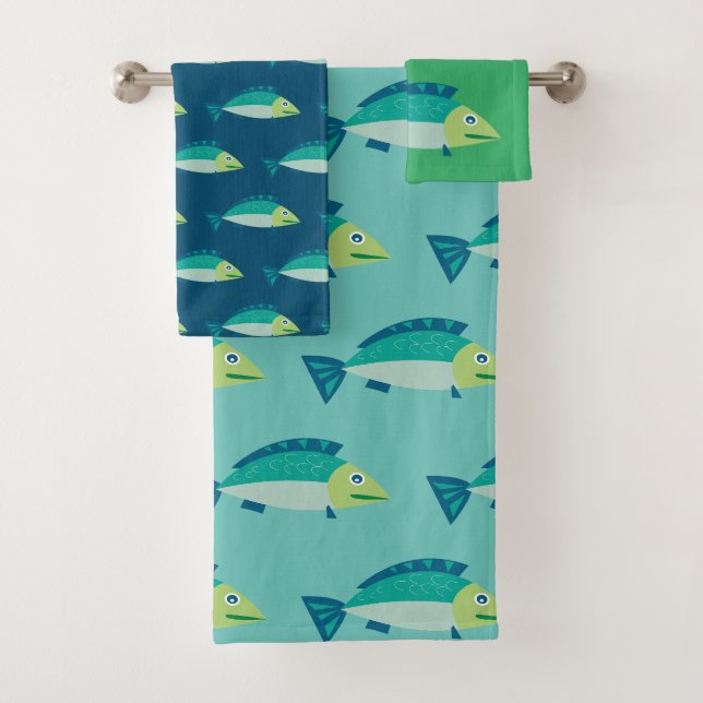 Niedliches Fisch-Muster-aquamarines grün-blaues Badhandtuch Set (Insitu)