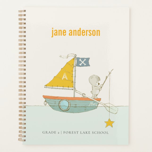 Niedliches Fischen Bären Star Sailboat Kids Monogr Planer (Vorderseite)