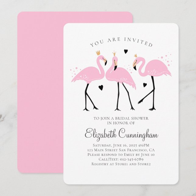 Niedliches Flamingo-Princess-Brautparty Einladung (Vorne/Hinten)