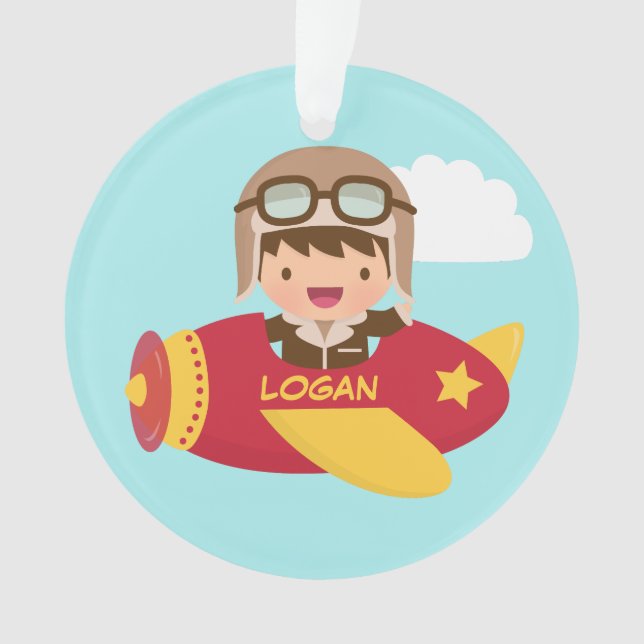 Niedliches Flieger-Jungen-Flugzeug scherzt Ornament (Vorderseite)