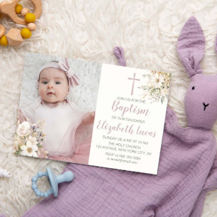Niedliches Floral Baby Girl Taufe Foto Einladung