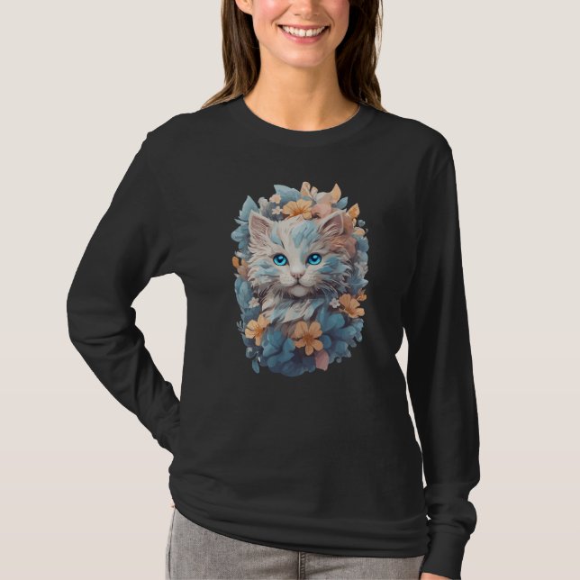 Niedliches, florales Katzenplash T-Shirt (Vorderseite)