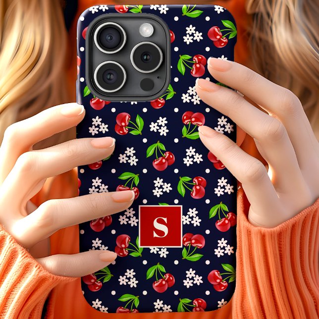 Niedliches florales Polka Dot Cherries Navy Monogr Case-Mate iPhone Hülle (Von Creator hochgeladen)