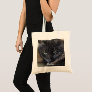 Niedliches Fluffy Black Cat Foto Personalisiert Tragetasche