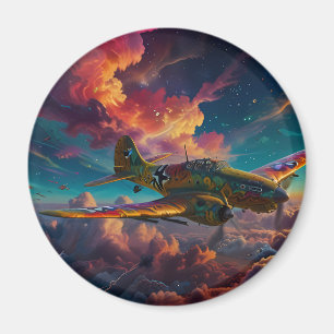 Niedliches Flugzeug in bunten Wolken Magnet