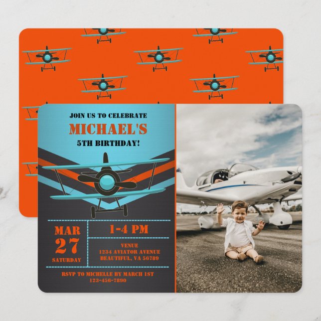 Niedliches Flugzeug Luftfahrzeug Kinder Foto Gebur Einladung (Vorne/Hinten)