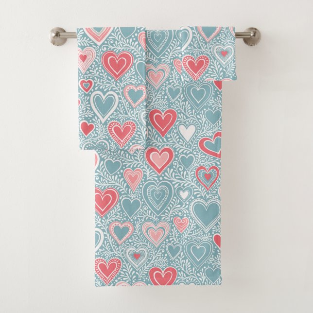 Niedliches Folkloreherz Dusty Blue Blush Pink Girl Badhandtuch Set (Insitu)