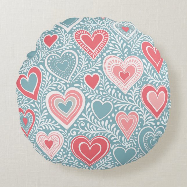 Niedliches Folkloreherz Dusty Blue Blush Pink Girl Rundes Kissen (Vorderseite)