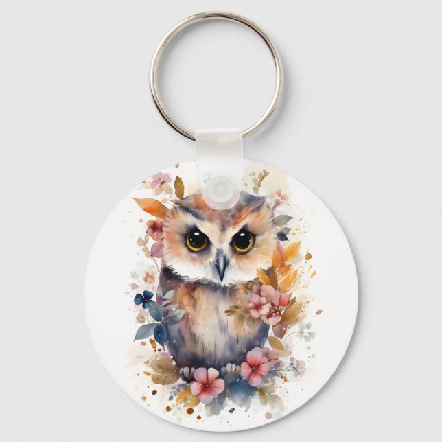 Niedliches Forest Baby Owl mit Blume für Kinderzim Schlüsselanhänger (Vorderseite)