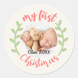 Niedliches Foto für mein erstes Weihnachts-Baby Runder Aufkleber