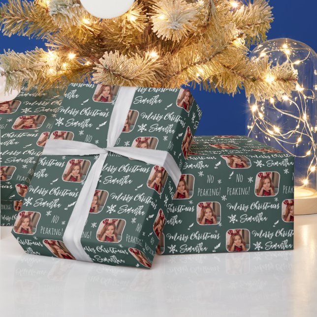 Niedliches Foto ohne Spitze Weihnachtsmuster grün Geschenkpapier (Feiertage)