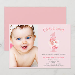 Niedliches Foto Pink Floral Girl's Erste Geburtsta Einladung