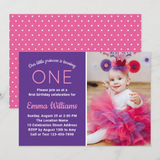 Niedliches Foto Rosa Lila Prinzessin Girl 1. Gebur Einladung