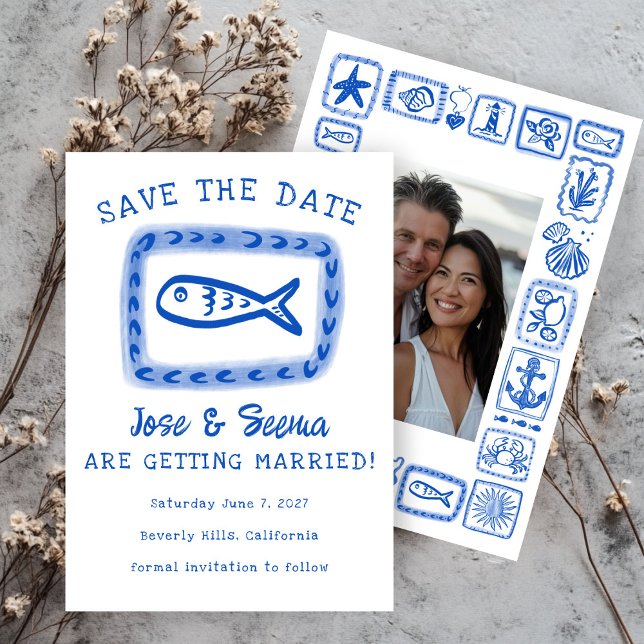 Niedliches Foto von Fischen Save The Date (Cute Fish Hand Drawn Sweet Beach Custom Photo Save The Date Invitation Card
)
