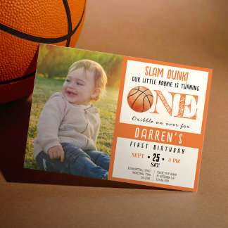 Niedliches Foto Wasserfarbe Basketball 1. Geburtst Einladung