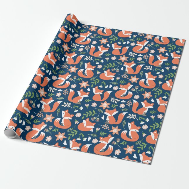 Niedliches Fox- und Blumenumhüllungspapier Geschenkpapier (Ungerollt)
