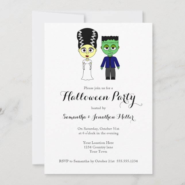 Niedliches Frankenstein und Bride-Halloween-Party Einladung (Vorderseite)