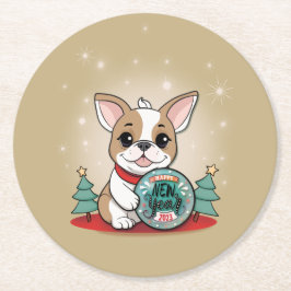 Niedliches französisches Bulldog Funny Silvester P Runder Pappuntersetzer
