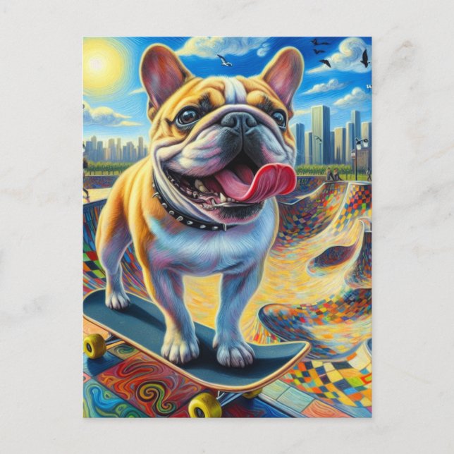 Niedliches Französisches Bulldog-Skateboard Postkarte (Vorderseite)