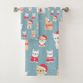 Niedliches französisches Bulldog-Weihnachtsmuster Badhandtuch Set