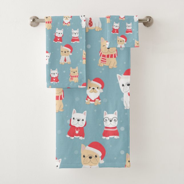 Niedliches französisches Bulldog-Weihnachtsmuster Badhandtuch Set (Insitu)