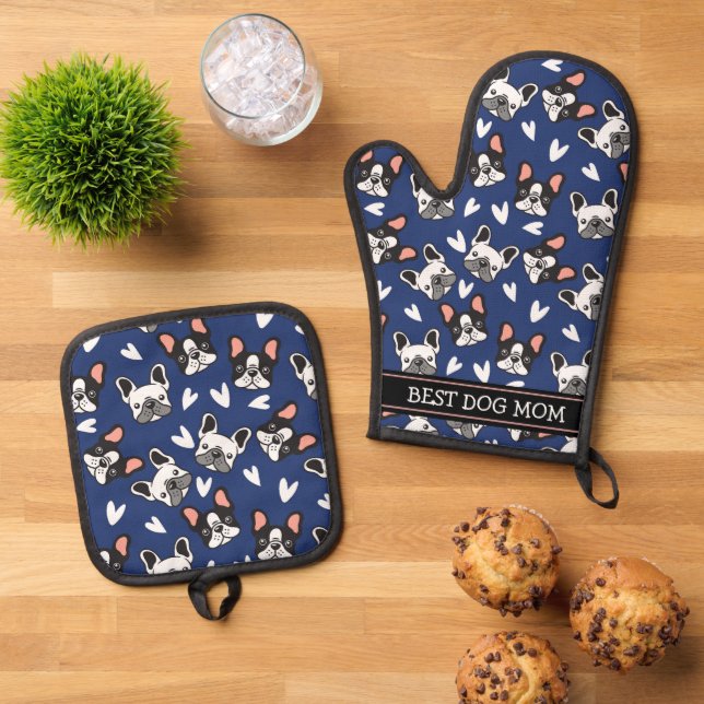 Niedliches French Bulldog Best Mama Pattern Ofenhandschuh & Topflappen-Set (Oben Unten)
