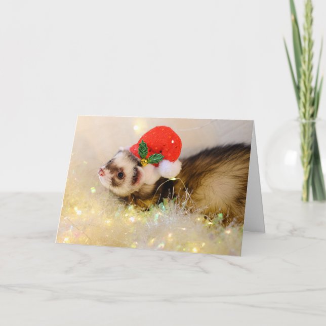 Niedliches Frettchen in der Weihnachtsmannmütze We Karte (Vorderseite)