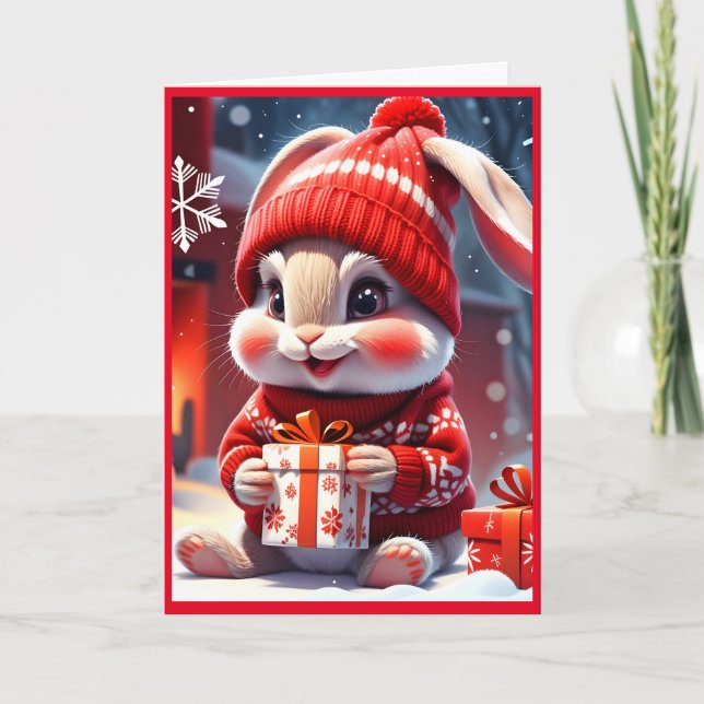 Niedliches Frohe WeihnachtsRabbit Feiertagskarte (Vorderseite)