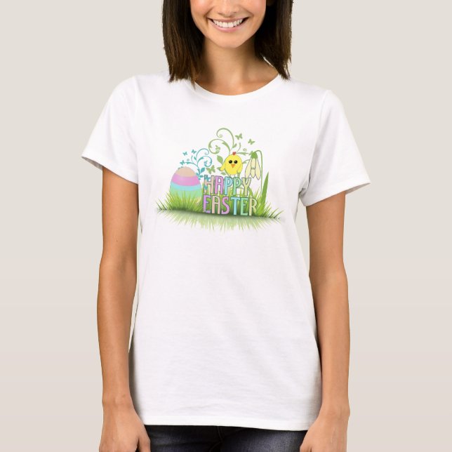 Niedliches Frohes Ostereier, Kiche und Schneefall T-Shirt (Vorderseite)