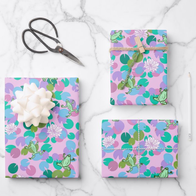 Niedliches Froschkunstpapier mit rosa Hintergrund Geschenkpapier Set (Vorderseite)