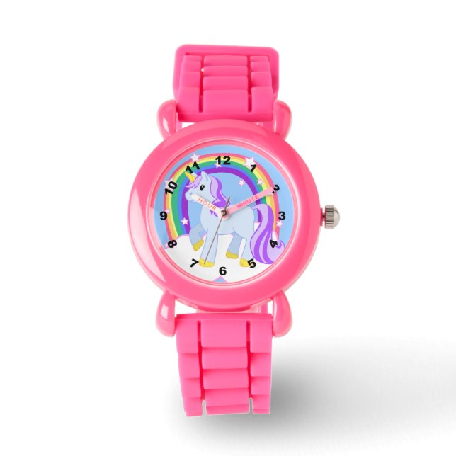 Niedliches Funkelnd Einhorn mit Regenbogen Armbanduhr (Vorderseite)