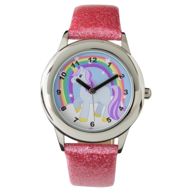 Niedliches Funkelnd Einhorn mit Regenbogen Armbanduhr (Vorderseite)