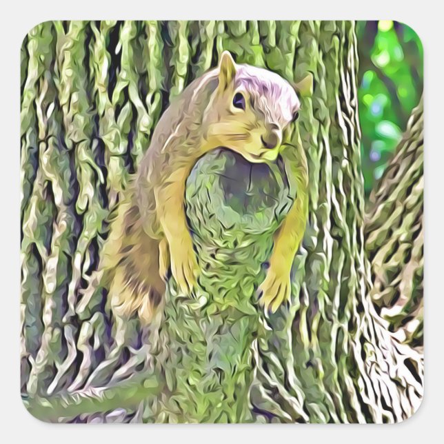 Niedliches Funny Eichhörnchen, das auf einem Zweig Quadratischer Aufkleber (Vorderseite)