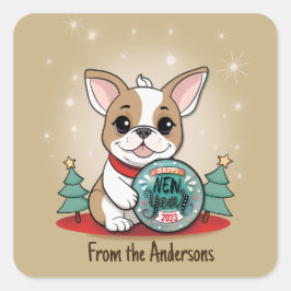 Niedliches Funny French Bulldog Happy New Year Quadratischer Aufkleber