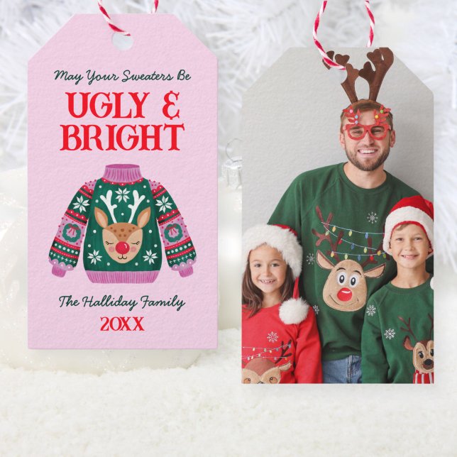 Niedliches Funny Ugly Sweater Rentier Family Foto Geschenkanhänger (Cute Funny Ugly Sweater Reindeer Family Photo Gift Tags)