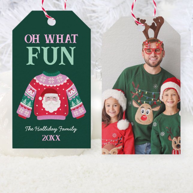 Niedliches Funny Ugly Sweater Santa Family Foto Geschenkanhänger (Cute Funny Ugly Sweater Santa Family Photo Gift Tags)