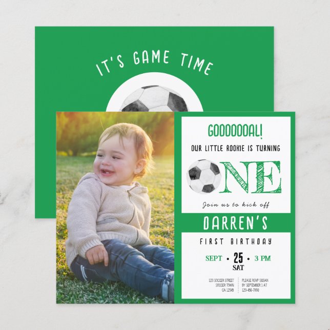 Niedliches Fußball-Foto Grüne Einladung zum 1. Geb (Vorne/Hinten)