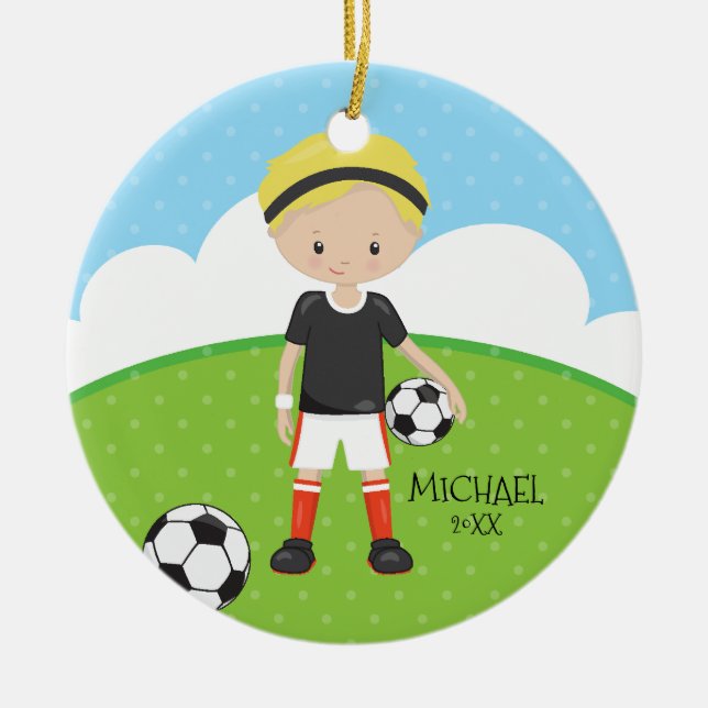 Niedliches Fußball-Spieler-personalisiertes Keramikornament (Vorne)