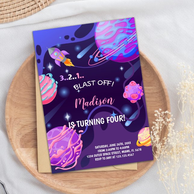 Niedliches Galaxie-Thema für Mädchen Einladung (Pink Purple Outer Space Birthday Invitations)