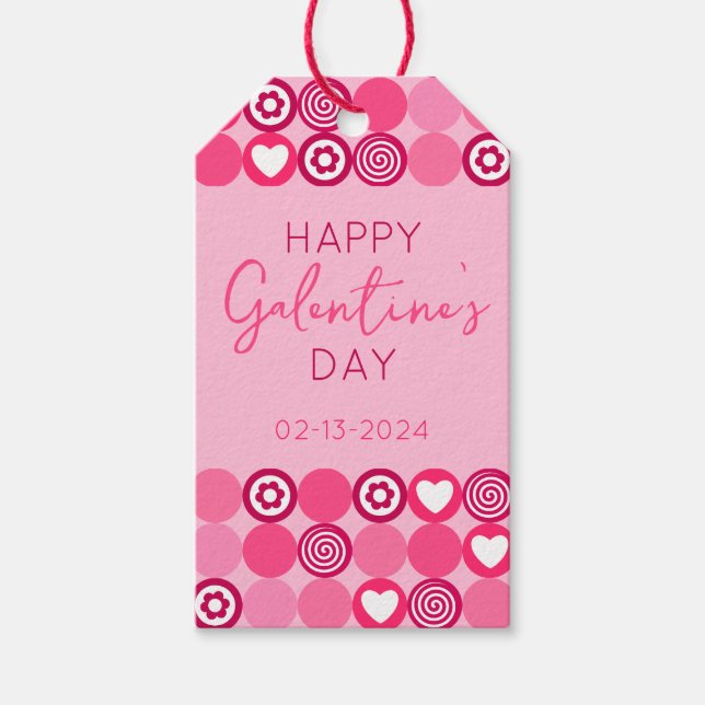 Niedliches Galentinstag rosa Herz- und Blume Muste Geschenkanhänger (Vorderseite)
