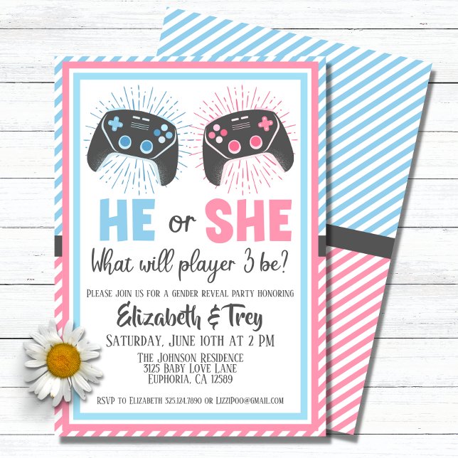 Niedliches Gamer-Baby-Gender-Bericht Einladung (A cute geeky gender reveal invitation for the parents to be who love video games.)