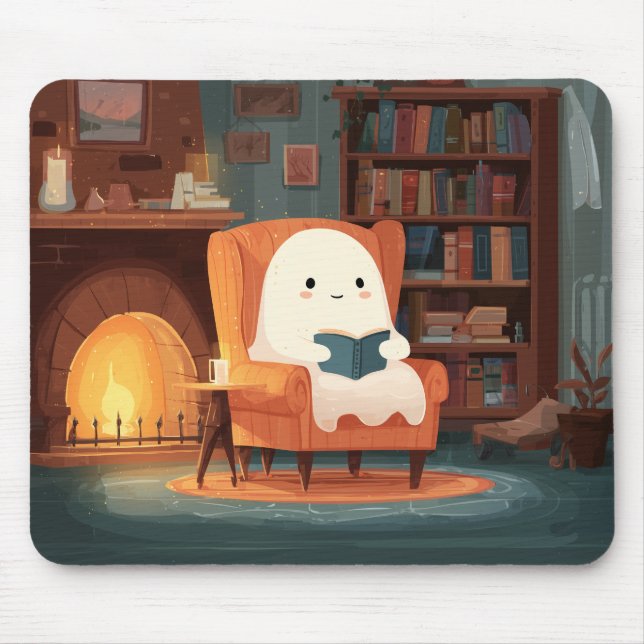 Niedliches Geisterlesen an einem gemütlichen Kamin Mousepad (Vorne)