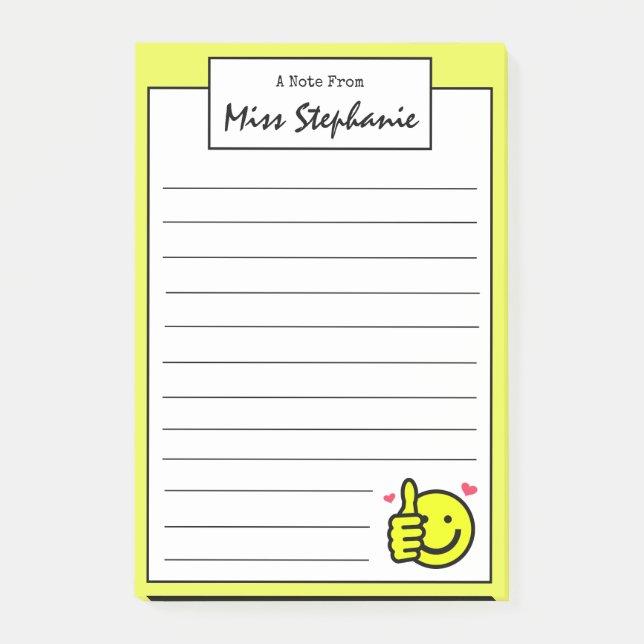 Niedliches Gelb treibt Lächeln vom Lehrer hoch Post-it Klebezettel (Vorderseite)