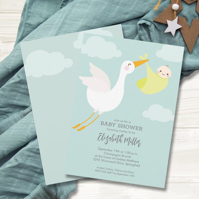 Niedliches Gelbbündel Stork Babydusche Einladung (Cute Yellow Bundle Stork Unisex Baby Shower Invitations, PRINTED and/or INSTANT DOWNLOAD)