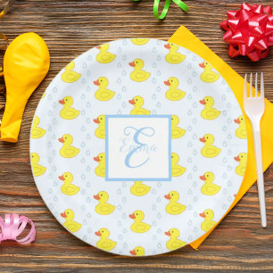 Niedliches Gelbente Muster Monogram Baby Girl Pappteller