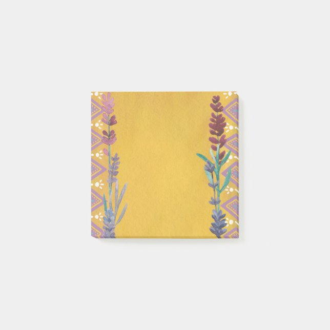 Niedliches gelbes Blumenmuster. Botanische lila Bl Post-it Klebezettel (Vorderseite)