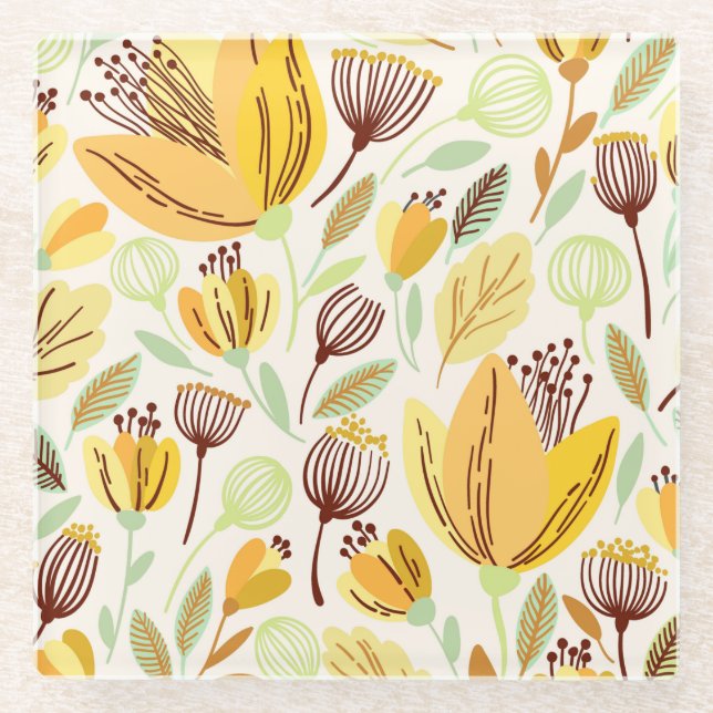 Niedliches, gelbes Blumenmuster Glasuntersetzer (Vorderseite)