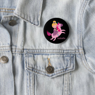Niedliches Gelbhaariges Girl Reiten auf einem Einh Button